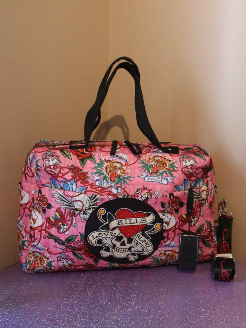 Ed Hardy Love Kills Slowly Pink Duffel Bag NWT